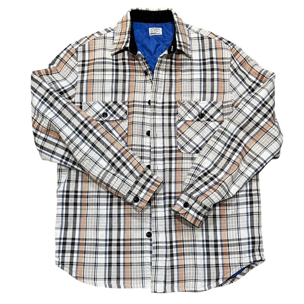 Mens J.Crew Plaid Long-Sleeve Quilted Shirt Jacket Medium Cotton Blue Beige Tan